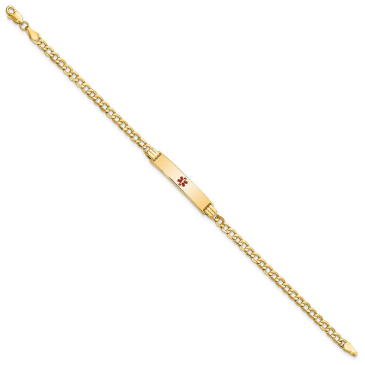 14K Medical Semi-Solid Chain/Solid Plate 26x5mm Centered Red Enamel Cuban Link 8 inch ID Bracelet
