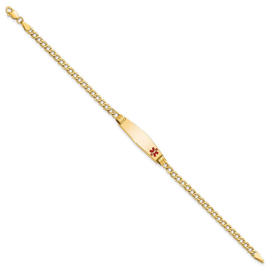 14K Medical Semi-Solid Chain/Solid Plate 26x7mm Soft Diamond Shape Off-Center Red Enamel Cuban Link 7 inch ID Bracelet