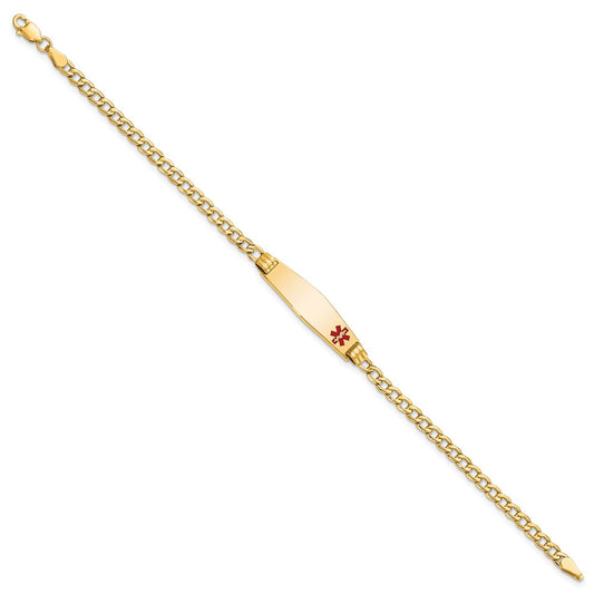 14K Medical Semi-Solid Chain/Solid Plate 26x7mm Soft Diamond Shape Off-Center Red Enamel Cuban Link 8 inch ID Bracelet