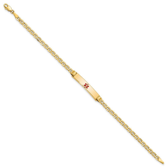 14K Medical Semi-Solid Chain/Solid Plate 26x5mm Centered Red Enamel Anchor Link 8 inch ID Bracelet