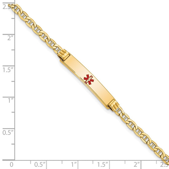 14K Medical Semi-Solid Chain/Solid Plate 26x5mm Centered Red Enamel Anchor Link 8 inch ID Bracelet