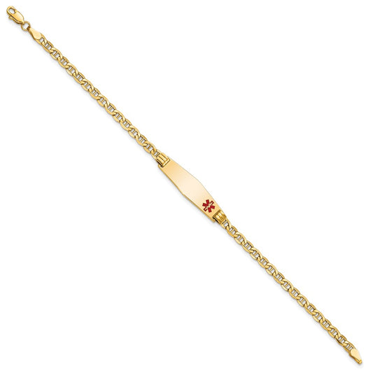 14K Medical Semi-Solid Chain/Solid Plate 26x7mm Soft Diamond Shape Off-Center Red Enamel Anchor Link 7 inch ID Bracelet