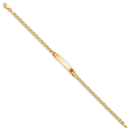 14k Medical Semi-Solid Chain/Solid Plate 26x5mm Off-Center Red Enamel Anchor Link 8 inch ID Bracelet