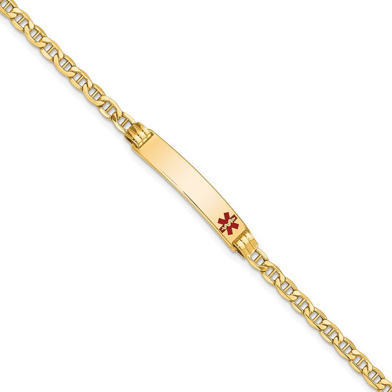 14k Medical Semi-Solid Chain/Solid Plate 26x5mm Off-Center Red Enamel Anchor Link 8 inch ID Bracelet