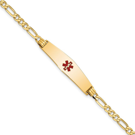 14K Medical Solid Chain/Solid Plate Soft Diamond Shape 33x8mm Centered Red Enamel Flat Figaro Link 8 inch ID Bracelet
