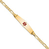 14K Medical Solid Chain/Solid Plate Soft Diamond Shape 33x8mm Centered Red Enamel Flat Figaro Link 8 inch ID Bracelet