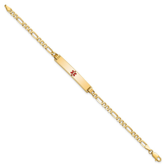 14K Medical Solid Chain/Solid Plate 34x6mm Centered Red Enamel Flat Figaro Link 8 inch ID Bracelet