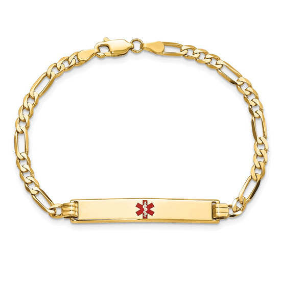 14K Medical Solid Chain/Solid Plate 34x6mm Centered Red Enamel Flat Figaro Link 8 inch ID Bracelet