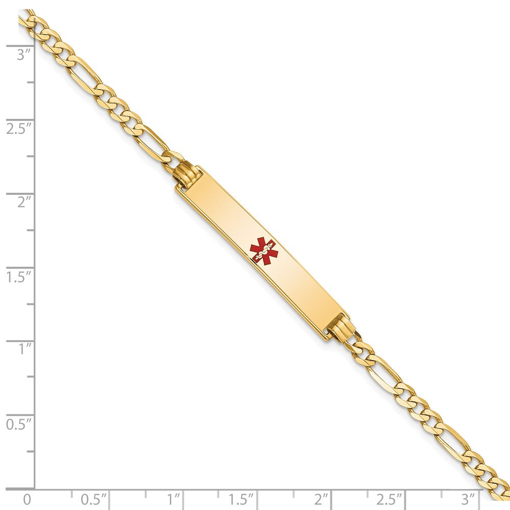14K Medical Solid Chain/Solid Plate 34x6mm Centered Red Enamel Flat Figaro Link 8 inch ID Bracelet