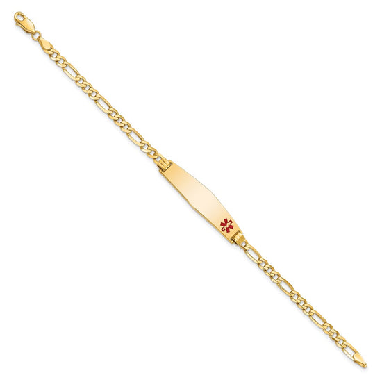 14K Medical Solid Chain/Solid Plate Soft Diamond Shape 33x8mm Off-Center Red Enamel Flat Figaro Link 8 inch ID Bracelet