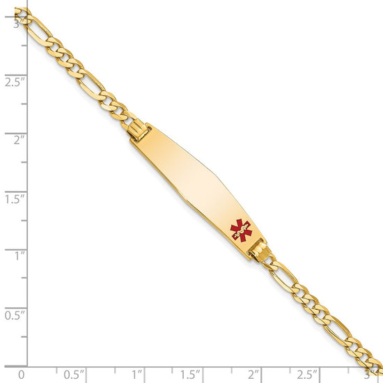14K Medical Solid Chain/Solid Plate Soft Diamond Shape 33x8mm Off-Center Red Enamel Flat Figaro Link 7 inch ID Bracelet