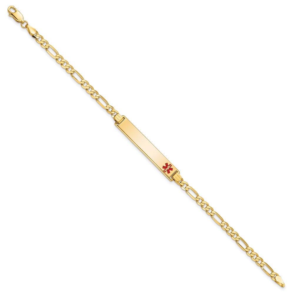 14K Medical Solid Chain/Solid Plate 33x6mm Off-Center Red Enamel Flat Figaro Link 7 inch ID Bracelet