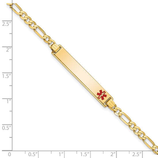 14K Medical Solid Chain/Solid Plate 33x6mm Off-Center Red Enamel Flat Figaro Link 7 inch ID Bracelet