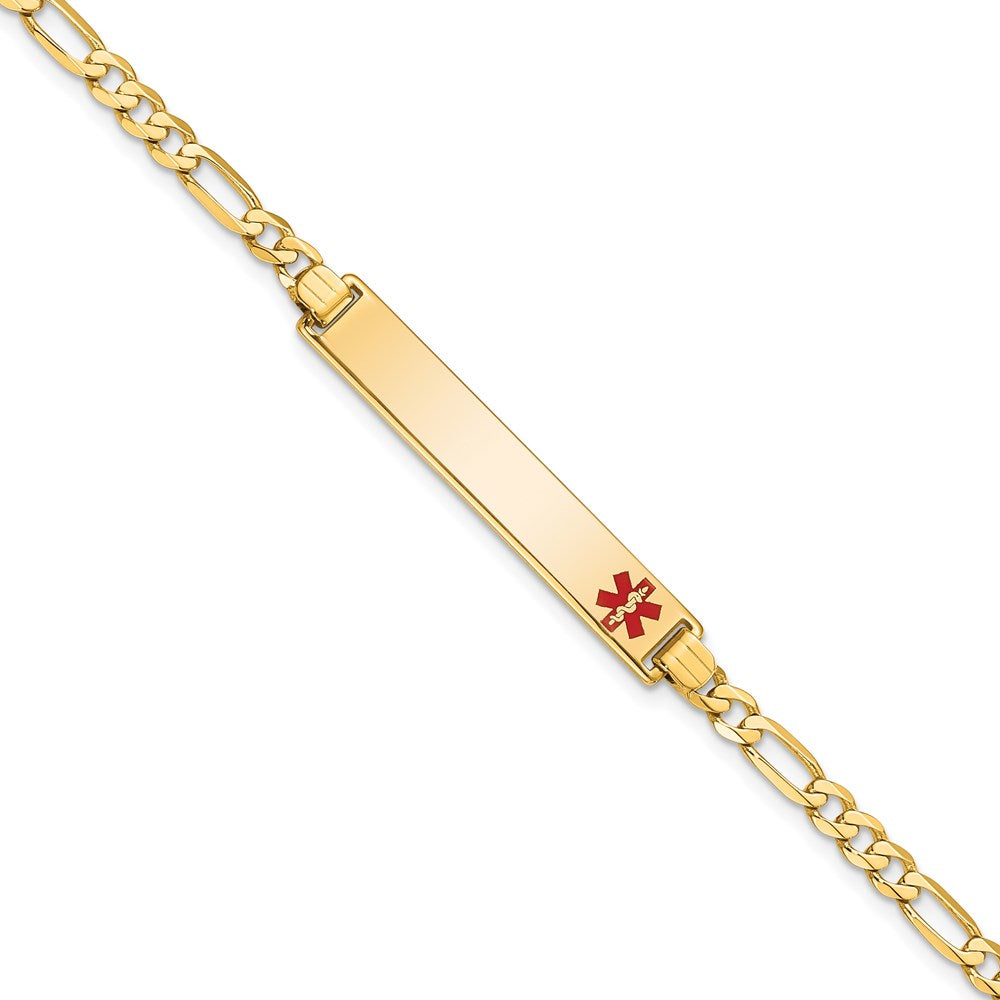 14K Medical Solid Chain/Solid Plate 33x6mm Off-Center Red Enamel Flat Figaro Link 7 inch ID Bracelet