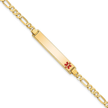 14K Medical Solid Chain/Solid Plate 33x6mm Off-Center Red Enamel Flat Figaro Link 7 inch ID Bracelet