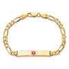 14K Medical Solid Chain/Solid Plate 34x6mm Centered Red Enamel Flat Figaro Link 8 inch ID Bracelet