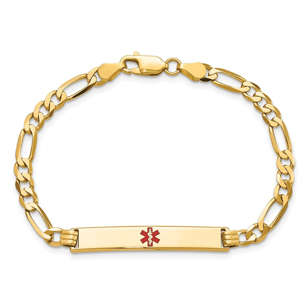 14K Medical Solid Chain/Solid Plate 34x6mm Centered Red Enamel Flat Figaro Link 8 inch ID Bracelet