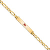 14K Medical Solid Chain/Solid Plate 34x6mm Centered Red Enamel Flat Figaro Link 8 inch ID Bracelet