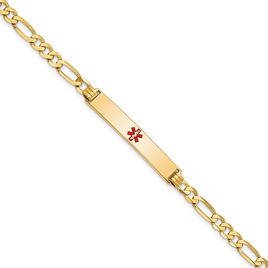 14K Medical Solid Chain/Solid Plate 34x6mm Centered Red Enamel Flat Figaro Link 7 inch ID Bracelet