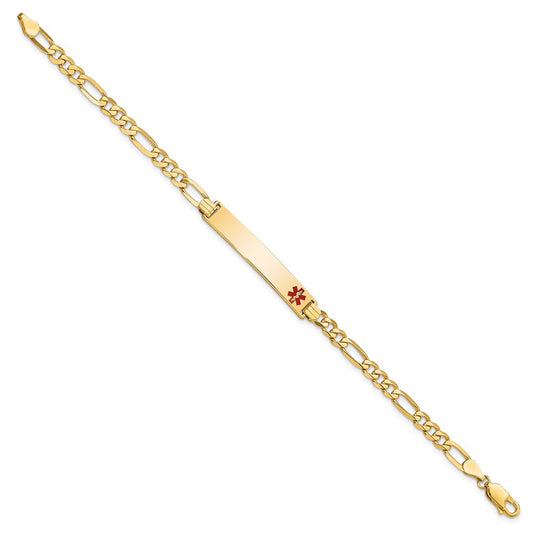 14K Medical Solid Chain/Solid Plate 33x6mm Off-Center Red Enamel Flat Figaro Link 7 inch ID Bracelet