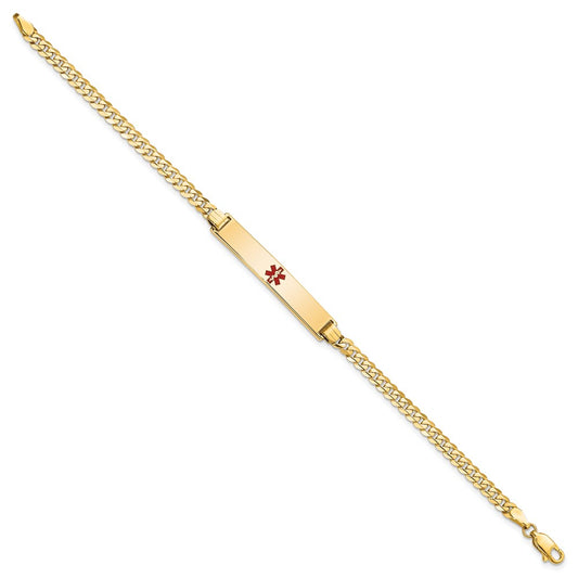 14K Medical Solid Chain/Solid Plate 34x6mm Centered Red Enamel Flat Curb Link 8 inch ID Bracelet