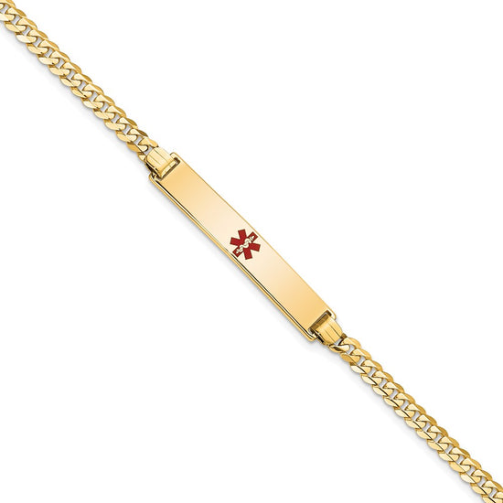 14K Medical Solid Chain/Solid Plate 34x6mm Centered Red Enamel Flat Curb Link 7 inch ID Bracelet