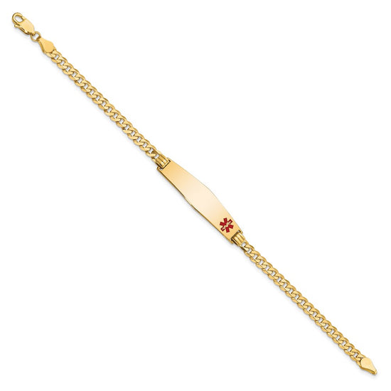 14K Medical Solid Chain/Solid Plate Soft Diamond Shape 33x8mm Off-Center Red Enamel Flat Curb Link 7 inch ID Bracelet