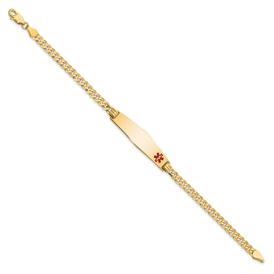 14K Medical Solid Chain/Solid Plate Soft Diamond Shape 33x8mm Off-Center Red Enamel Flat Curb Link 7 inch ID Bracelet