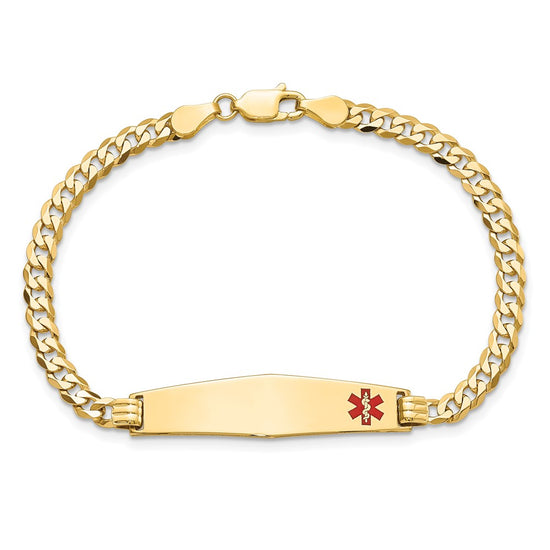 14K Medical Solid Chain/Solid Plate Soft Diamond Shape 33x8mm Off-Center Red Enamel Flat Curb Link 7 inch ID Bracelet