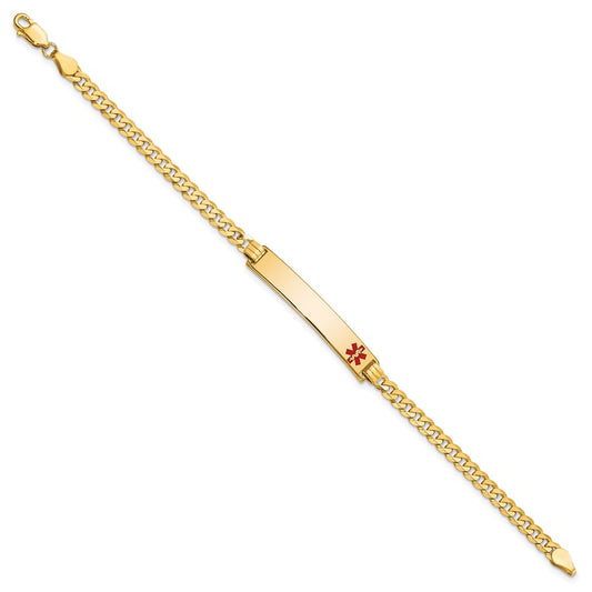 14K Medical Solid Chain/Solid Plate 33x6mm Off-Center Red Enamel Flat Curb Link 8 inch ID Bracelet