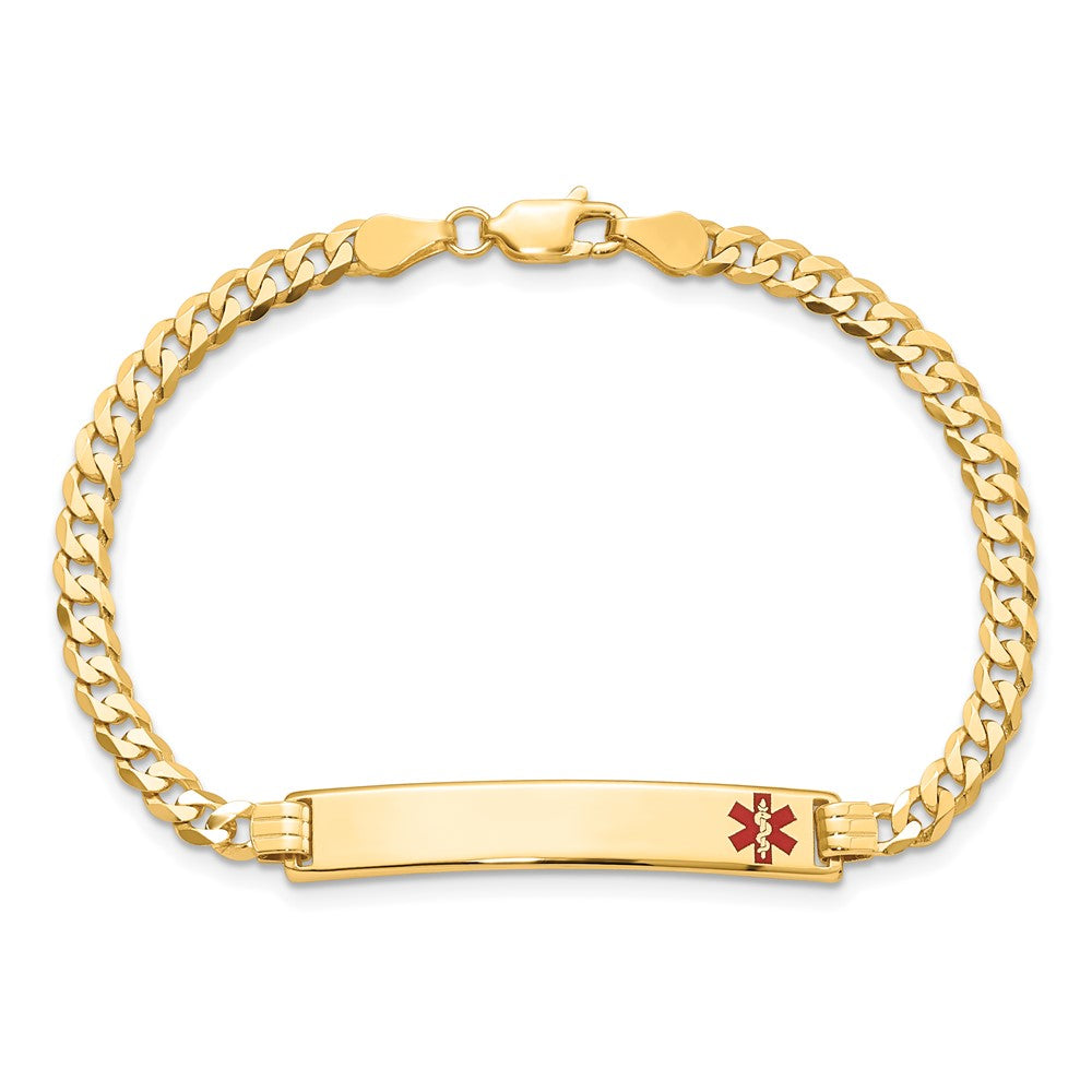 14K Medical Solid Chain/Solid Plate 33x6mm Off-Center Red Enamel Flat Curb Link 8 inch ID Bracelet