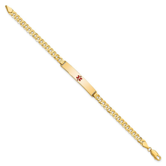 14K Medical Solid Chain/Solid Plate 34x6mm Centered Red Enamel Flat Curb Link 8 inch ID Bracelet