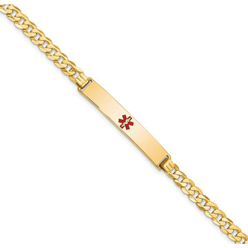 14K Medical Solid Chain/Solid Plate 34x6mm Centered Red Enamel Flat Curb Link 8 inch ID Bracelet