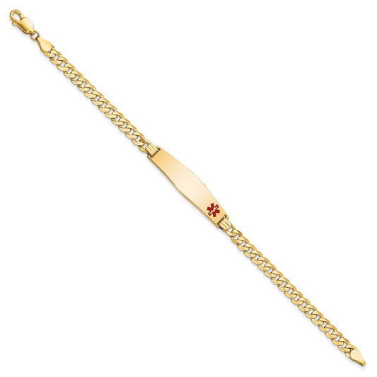 14K Medical Solid Chain/Solid Plate Soft Diamond Shape 33x8mm Off-Center Red Enamel Flat Curb Link 7 inch ID Bracelet