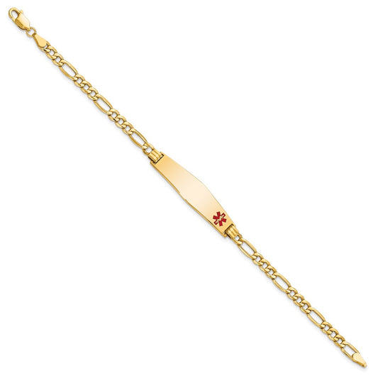 14K Medical Semi-Solid Chain/Solid Plate Soft Diamond Shape 34x8mm Off-Center Red Enamel Figaro Link 8 inch ID Bracelet