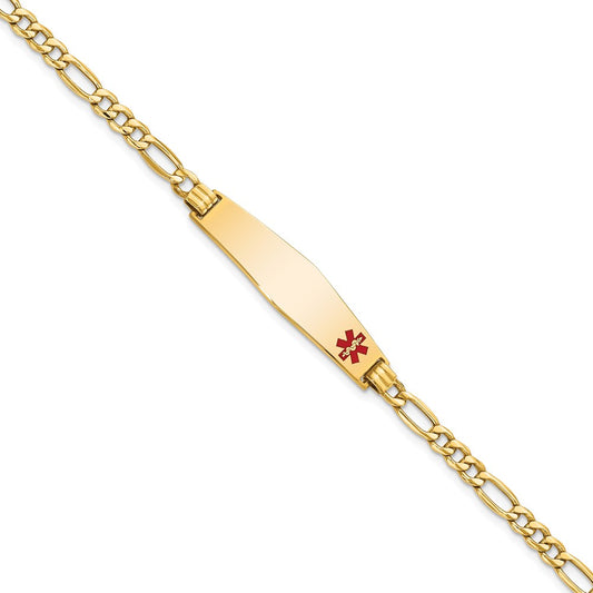 14K Medical Semi-Solid Chain/Solid Plate Soft Diamond Shape 34x8mm Off-Center Red Enamel Figaro Link 8 inch ID Bracelet