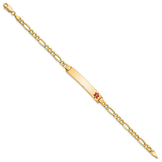 14K Medical Semi-Solid Chain/Solid Plate 35x6mm Off-Center Red Enamel Figaro Link 8 inch ID Bracelet