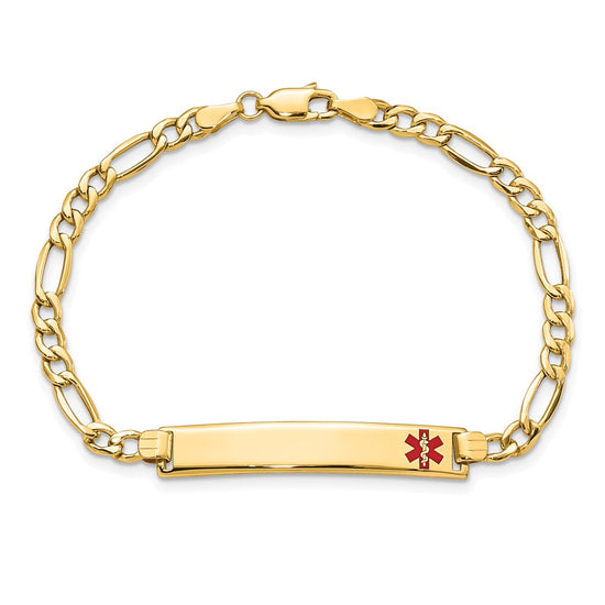 14K Medical Semi-Solid Chain/Solid Plate 35x6mm Off-Center Red Enamel Figaro Link 8 inch ID Bracelet