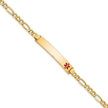 14K Medical Semi-Solid Chain/Solid Plate 35x6mm Off-Center Red Enamel Figaro Link 8 inch ID Bracelet