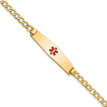 14K Medical Semi-Solid Chain/Solid Plate Soft Diamond Shape 33x8mm Centered Red Enamel Curb Link 8 inch ID Bracelet