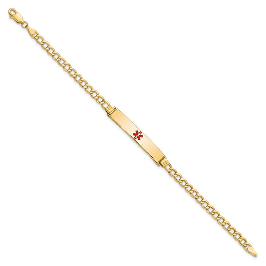 14K Medical Semi-Solid Chain/Solid Plate 34x6mm Centered Red Enamel Curb Link 8 inch ID Bracelet