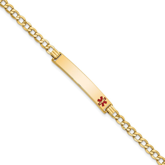 14K Medical Semi-Solid Chain/Solid Plate 35x6mm Off-Center Red Enamel Curb Link 7 inch ID Bracelet