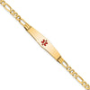 14K Medical Solid Chain/Solid Plate Soft Diamond Shape 36x9mm Centered Red Enamel Figaro Link 7 inch ID Bracelet