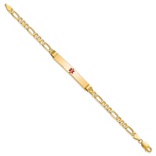 14K Medical Solid Chain/Solid Plate 37x6mm Centered Red Enamel Figaro Link 8 inch ID Bracelet