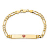 14K Medical Solid Chain/Solid Plate 37x6mm Centered Red Enamel Figaro Link 8 inch ID Bracelet