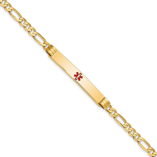 14K Medical Solid Chain/Solid Plate 37x6mm Centered Red Enamel Figaro Link 8 inch ID Bracelet