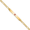 14K Medical Solid Chain/Solid Plate 37x6mm Centered Red Enamel Figaro Link 8 inch ID Bracelet