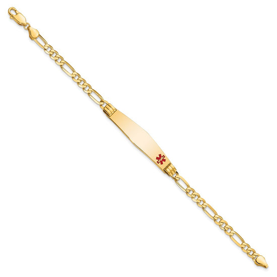 14K Medical Solid Chain/Solid Plate Soft Diamond Shape 36x9mm Off-Center Red Enamel Figaro Link 7 inch ID Bracelet