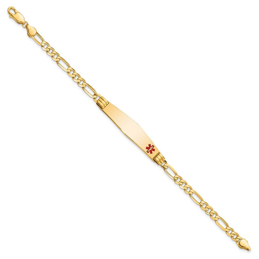 14K Medical Solid Chain/Solid Plate Soft Diamond Shape 36x9mm Off-Center Red Enamel Figaro Link 7 inch ID Bracelet