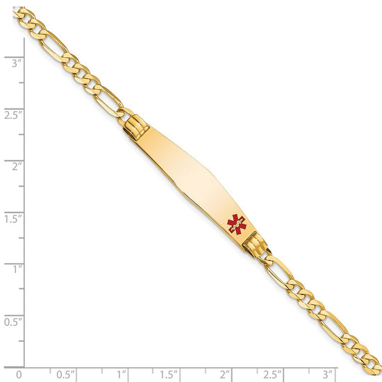 14K Medical Solid Chain/Solid Plate Soft Diamond Shape 36x9mm Off-Center Red Enamel Figaro Link 7 inch ID Bracelet